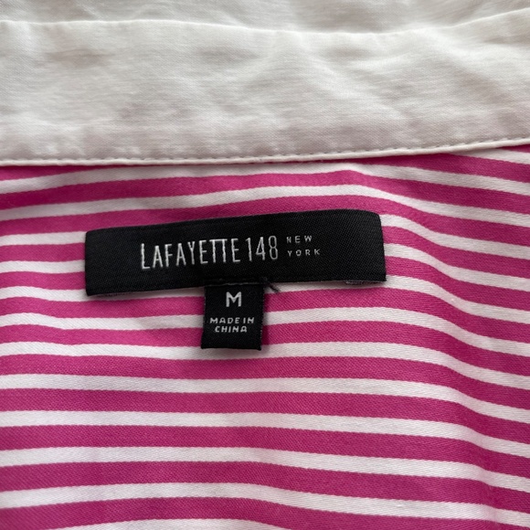 LAFAYETTE 148 Size Medium Pink & White Striped Snap Front Blouse - Picture 4 of 5